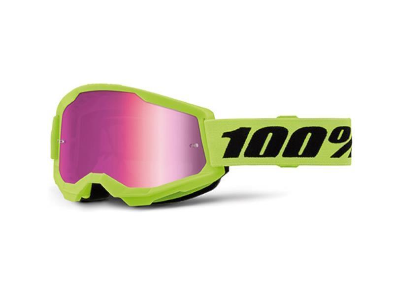 100% Strata 2 Junior maschera moto cross da bambino Neon Yellow / Lente specchio rosa - maschere occhiali e lenti di ricambio