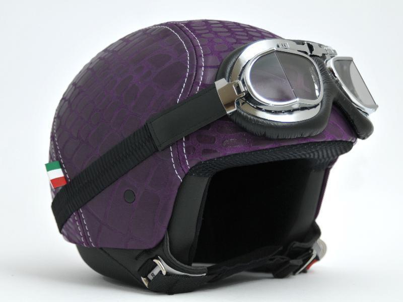 MBlack Casco pelle moto vintage rivestito in pelle Viola / Viola - caschi jet